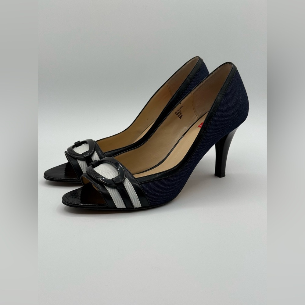VTG RARE Oscar de la Renta O Calada Peep Toe Heels Blue/Black Size 8 - Picture 16 of 16